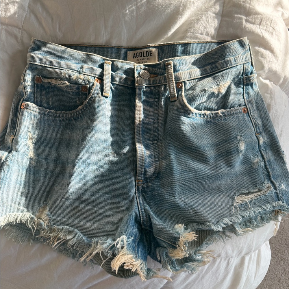 Agolde Light Blue Distressed Jean Shorts